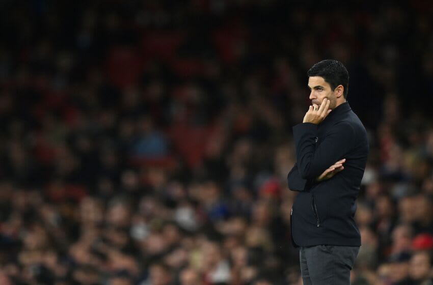 Arsenal's Spanish manager Mikel Arteta reacts during the English Premier League football match between Arsenal and Crystal Palace at the Emirates Stadium in London on October 18, 2021. - - RESTRICTED TO EDITORIAL USE. No use with unauthorized audio, video, data, fixture lists, club/league logos or 'live' services. Online in-match use limited to 120 images. An additional 40 images may be used in extra time. No video emulation. Social media in-match use limited to 120 images. An additional 40 images may be used in extra time. No use in betting publications, games or single club/league/player publications. (Photo by Glyn KIRK / AFP) / RESTRICTED TO EDITORIAL USE. No use with unauthorized audio, video, data, fixture lists, club/league logos or 'live' services. Online in-match use limited to 120 images. An additional 40 images may be used in extra time. No video emulation. Social media in-match use limited to 120 images. An additional 40 images may be used in extra time. No use in betting publications, games or single club/league/player publications. / RESTRICTED TO EDITORIAL USE. No use with unauthorized audio, video, data, fixture lists, club/league logos or 'live' services. Online in-match use limited to 120 images. An additional 40 images may be used in extra time. No video emulation. Social media in-match use limited to 120 images. An additional 40 images may be used in extra time. No use in betting publications, games or single club/league/player publications. (Photo by GLYN KIRK/AFP via Getty Images)