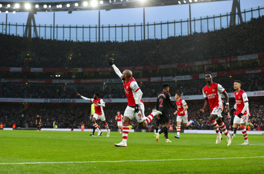 LONDON, ENGLAND - DECEMBER 11: Alexandre Lacazette of Arsenal celebrates scoring the opening goal during the Premier League match between Arsenal and Southampton at Emirates Stadium on December 11, 2021 in London, England. (Photo by Craig Mercer/MB Media/Getty Images)