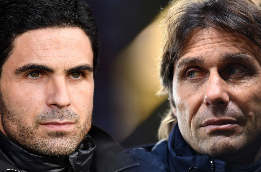 FILE PHOTO (EDITORS NOTE: COMPOSITE OF IMAGES - Image numbers 1196064545, 1362252777 - GRADIENT ADDED) In this composite image a comparison has been made between Mikel Arteta, Manager of Arsenal (L) and Antonio Conte, Manager of Tottenham Hotspur. Tottenham Hotspur and Arsenal meet in a Premier League match on January 16,2022 at the Tottenham Hotspur Stadium in London,England. ***LEFT IMAGE*** Manager of Arsenal, Mikel Arteta looks on during the Premier League match between AFC Bournemouth and Arsenal FC at Vitality Stadium on December 26, 2019 in Bournemouth, United Kingdom. (Photo by Justin Setterfield/Getty Images) ***RIGHT IMAGE*** WATFORD, ENGLAND - JANUARY 01: Antonio Conte, Manager of Tottenham Hotspur looks on during the Premier League match between Watford and Tottenham Hotspur at Vicarage Road on January 01, 2022 in Watford, England. (Photo by Justin Setterfield/Getty Images)