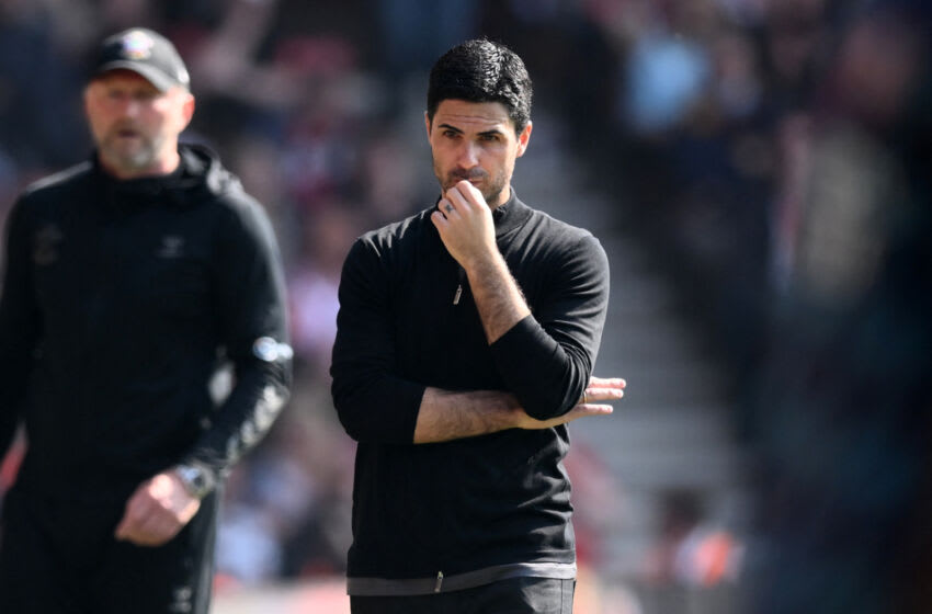 Arsenal's Spanish manager Mikel Arteta gestures on the touchline during the English Premier League football match between Southampton and Arsenal at St Mary's Stadium in Southampton, southern England on April 16, 2022. - RESTRICTED TO EDITORIAL USE. No use with unauthorized audio, video, data, fixture lists, club/league logos or 'live' services. Online in-match use limited to 120 images. An additional 40 images may be used in extra time. No video emulation. Social media in-match use limited to 120 images. An additional 40 images may be used in extra time. No use in betting publications, games or single club/league/player publications. (Photo by Daniel LEAL / AFP) / RESTRICTED TO EDITORIAL USE. No use with unauthorized audio, video, data, fixture lists, club/league logos or 'live' services. Online in-match use limited to 120 images. An additional 40 images may be used in extra time. No video emulation. Social media in-match use limited to 120 images. An additional 40 images may be used in extra time. No use in betting publications, games or single club/league/player publications. / RESTRICTED TO EDITORIAL USE. No use with unauthorized audio, video, data, fixture lists, club/league logos or 'live' services. Online in-match use limited to 120 images. An additional 40 images may be used in extra time. No video emulation. Social media in-match use limited to 120 images. An additional 40 images may be used in extra time. No use in betting publications, games or single club/league/player publications. (Photo by DANIEL LEAL/AFP via Getty Images)