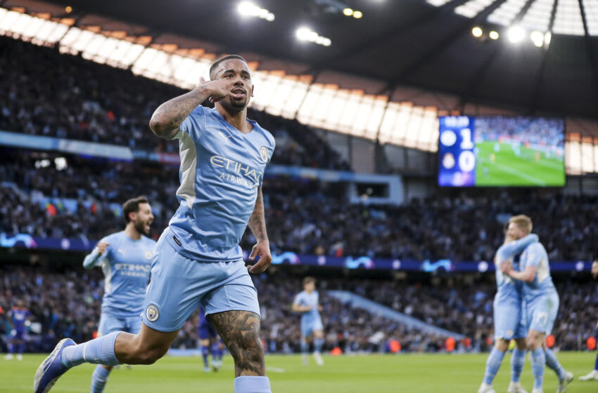 MANCHESTER, UNITED KINGDOM - APRIL 26: Gabriel Jesus of Manchester City celebrates goal 2-0 during the UEFA Champions League match between Manchester City v Real Madrid at the Etihad Stadium on April 26, 2022 in Manchester United Kingdom (Photo by David S. Bustamante/Soccrates/Getty Images)