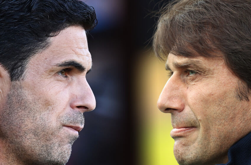FILE PHOTO (EDITORS NOTE: COMPOSITE OF IMAGES - Image numbers 1416016379, 1398697273 - GRADIENT ADDED) In this composite image a comparison has been made between Mikel Arteta, Manager of Arsenal (L) and Antonio Conte, the Tottenham Hotspur manager. Arsenal and Tottenham Hotspur play in the North London derby on October 1,2022 at the Emirates Stadium in London, England. ***LEFT IMAGE*** BOURNEMOUTH, ENGLAND - AUGUST 20: Mikel Arteta, Manager of Arsenal looks on during the Premier League match between AFC Bournemouth and Arsenal FC at Vitality Stadium on August 20, 2022 in Bournemouth, England. (Photo by Dan Mullan/Getty Images) ***RIGHT IMAGE*** NORWICH, ENGLAND - MAY 22: Antonio Conte, the Tottenham Hotspur manager looks on during the Premier League match between Norwich City and Tottenham Hotspur at Carrow Road on May 22, 2022 in Norwich, England. (Photo by David Rogers/Getty Images)