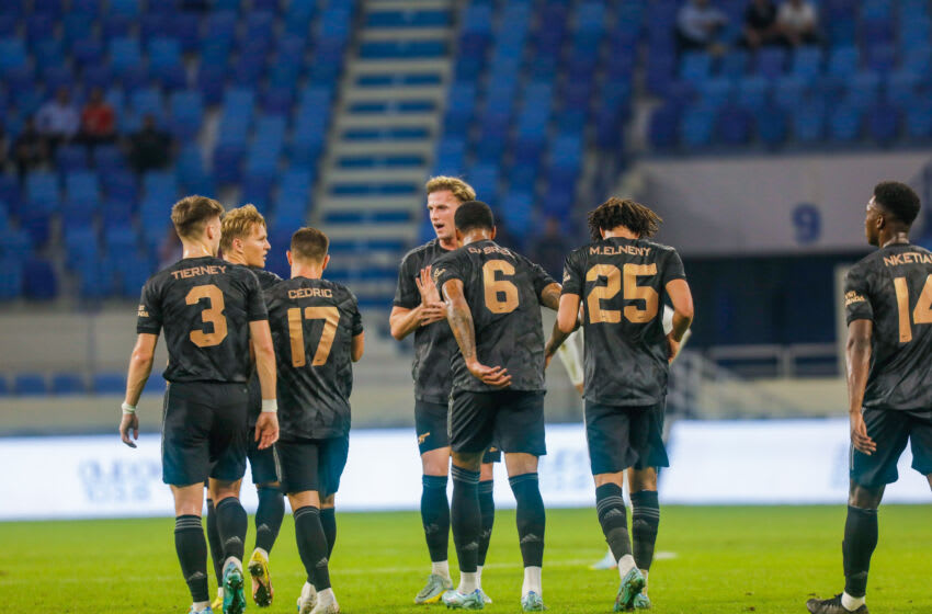 DUBAI, UAE - DECEMBER 08: Players of Arsenal celebrate after scoring a goal during the Dubai Super Cup 2022 match between Arsenal and Olympique Lyonnais at Al Maktoum Stadium in Dubai, United Arab Emirates on December 08, 2022. (Photo by Waleed Zein/Anadolu Agency via Getty Images)