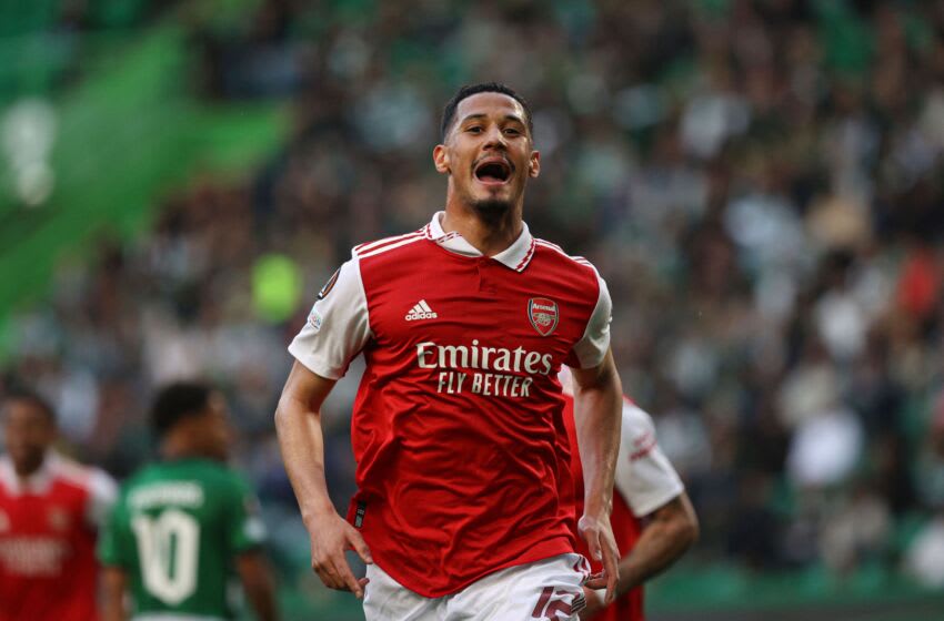 Arsenal's French defender William Saliba celebrates after scoring his team's first goal during the UEFA Europa League last 16 first leg football match between Sporting CP and Arsenal at Jose Alvalade stadium in Lisbon on March 9, 2023. (Photo by FILIPE AMORIM / AFP) (Photo by FILIPE AMORIM/AFP via Getty Images)