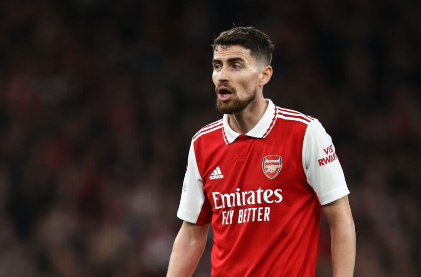 LONDON, ENGLAND - MARCH 16: Jorginho of Arsenal during the UEFA Europa League round of 16 leg two match between Arsenal FC and Sporting CP at Emirates Stadium on March 16, 2023 in London, United Kingdom. (Photo by James Williamson - AMA/Getty Images)
