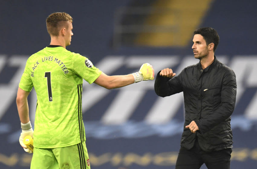 MANCHESTER, ENGLAND - JUNE 17: Mikel Arteta, Manager of Arsenal and Bernd Leno of Arsenal interact at full-time after the Premier League match between Manchester City and Arsenal FC at Etihad Stadium on June 17, 2020 in Manchester, United Kingdom. (Photo by Peter Powell/Pool via Getty Images)