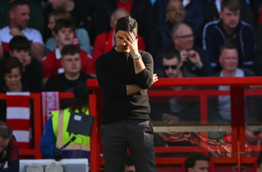 NOTTINGHAM, ENGLAND - MAY 20: Mikel Arteta, Manager of Arsenal looks dejected after going 1 down during the Premier League match between Nottingham Forest and Arsenal FC at City Ground on May 20, 2023 in Nottingham, England. (Photo by Will Palmer/Sportsphoto/Allstar via Getty Images)
