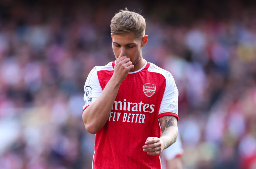 LONDON, ENGLAND - MAY 28: Emile Smith Rowe of Arsenal during the Premier League match between Arsenal FC and Wolverhampton Wanderers at Emirates Stadium on May 28, 2023 in London, United Kingdom. (Photo by Marc Atkins/Getty Images)