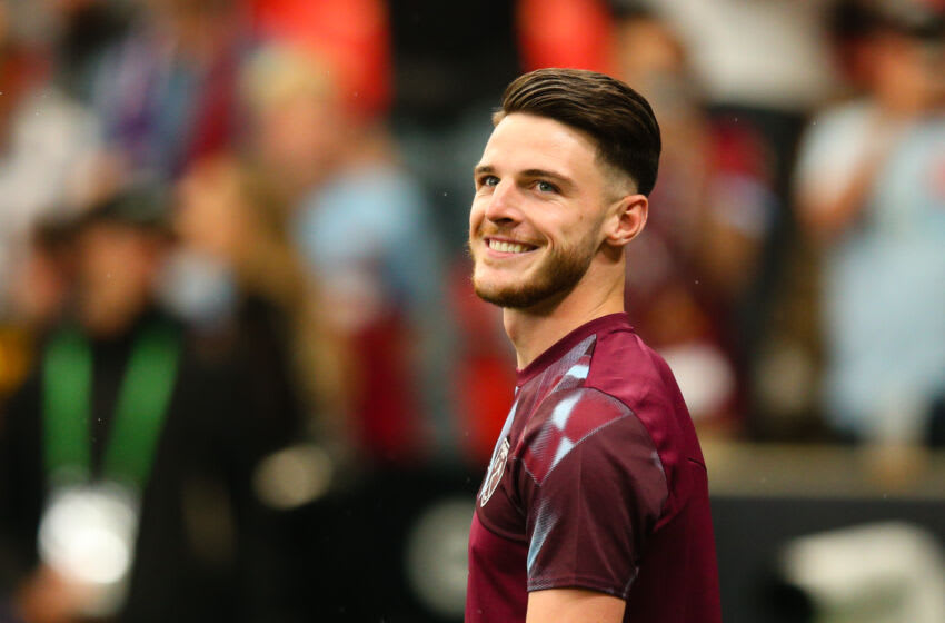 PRAGUE, CZECH REPUBLIC - JUNE 7: Declan Rice of West Ham United looks on during the pre-match warm-up ahead of the UEFA Europa Conference League 2022/23 final match between ACF Fiorentina and West Ham United FC at Eden Arena on June 7, 2023 in Prague, Czech Republic. (Photo by Craig Mercer/MB Media/Getty Images)