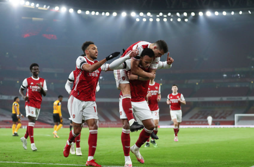 LONDON, ENGLAND - NOVEMBER 29: Gabriel of Arsenal celebrates after scoring their team's first goal during the Premier League match between Arsenal and Wolverhampton Wanderers at Emirates Stadium on November 29, 2020 in London, England. Sporting stadiums around the UK remain under strict restrictions due to the Coronavirus Pandemic as Government social distancing laws prohibit fans inside venues resulting in games being played behind closed doors. (Photo by Catherine Ivill/Getty Images)