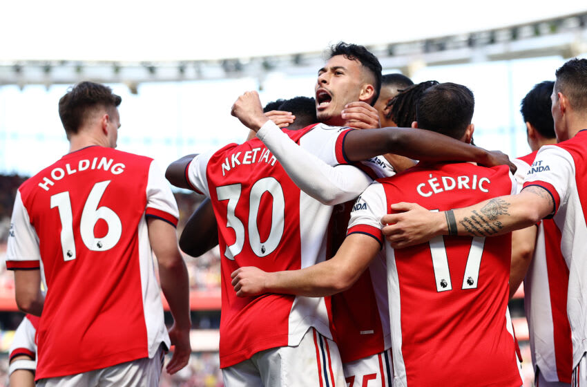 LONDON, ENGLAND - MAY 08: Eddie Nketiah of Arsenal celebrates scoring their side's second goal with Gabriel Martinelli during the Premier League match between Arsenal and Leeds United at Emirates Stadium on May 08, 2022 in London, England. (Photo by Ryan Pierse/Getty Images)