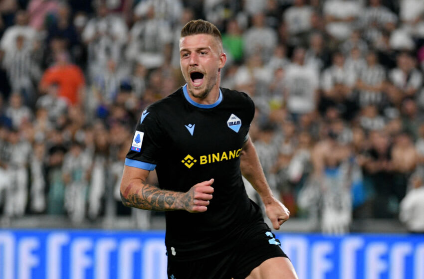 TURIN, ITALY - MAY 16: Sergej Milinkovic Savic of SS Lazio celebrates a second goal with his team mates during the Serie A match between Juventus and SS Lazio at Allianz Stadium on May 16, 2022 in Turin, Italy. (Photo by Marco Rosi - SS Lazio/Getty Images)