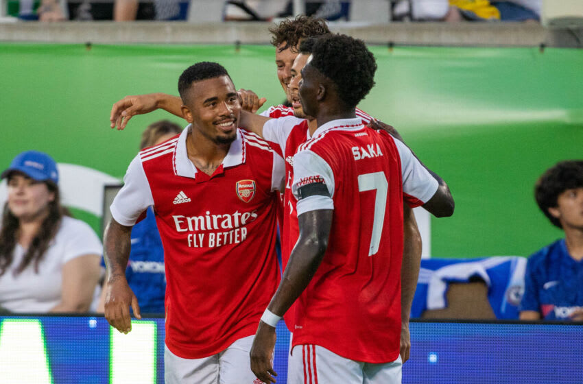 ORLANDO, FL - JULY 23: Gabriel Jesus (9) of Arsenal celebrates his goal with teammates during a game between Arsenal FC and Chelsea FC at Camping World on July 23, 2022 in Orlando, Florida. (Photo by Trevor Ruszkowski/ISI Photos/Getty Images)