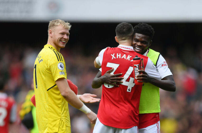 LONDON, ENGLAND - OCTOBER 01: Granit Xhaka and Thomas Partey of Arsenal celebrate following their victory after the Premier League match between Arsenal FC and Tottenham Hotspur at Emirates Stadium on October 01, 2022 in London, England. (Photo by Shaun Botterill/Getty Images)
