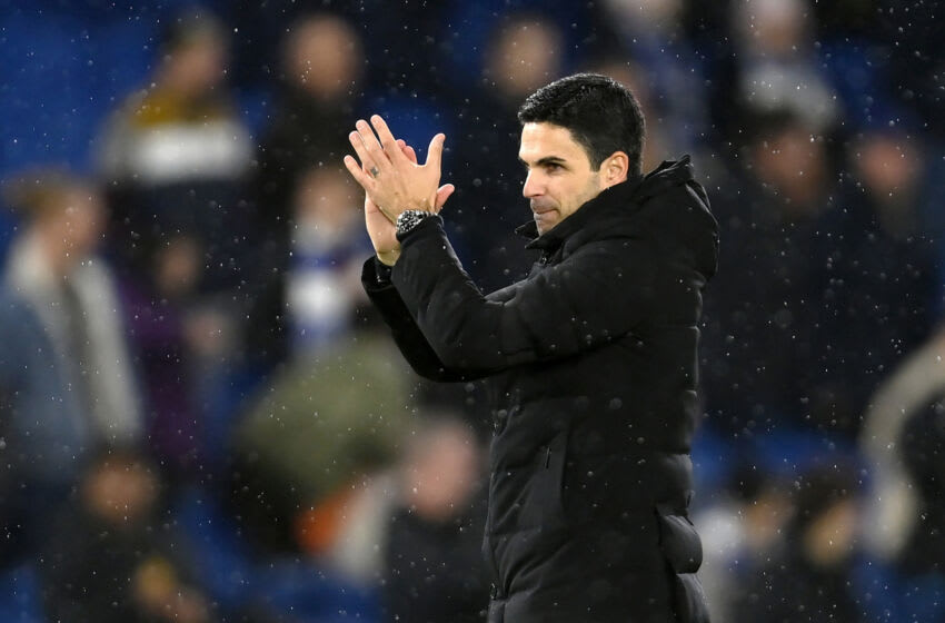 BRIGHTON, ENGLAND - DECEMBER 31: Mikel Arteta, Manager of Arsenal, applauds the fans following their side's victory in the Premier League match between Brighton & Hove Albion and Arsenal FC at American Express Community Stadium on December 31, 2022 in Brighton, England. (Photo by Mike Hewitt/Getty Images)
