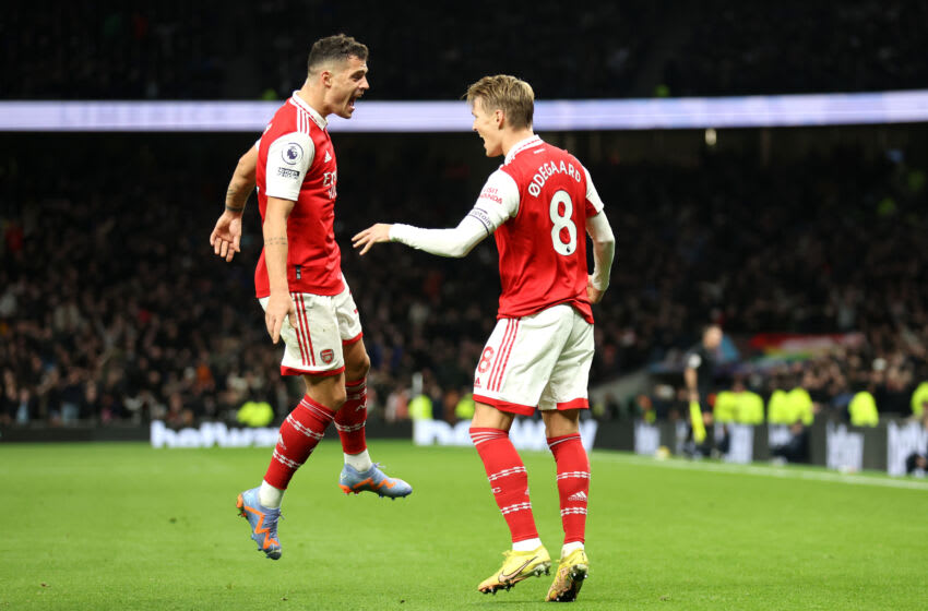 LONDON, ENGLAND - JANUARY 15: Martin Odegaard of Arsenal celebrates after scoring the team's second goal during the Premier League match between Tottenham Hotspur and Arsenal FC at Tottenham Hotspur Stadium on January 15, 2023 in London, England. (Photo by Catherine Ivill/Getty Images)