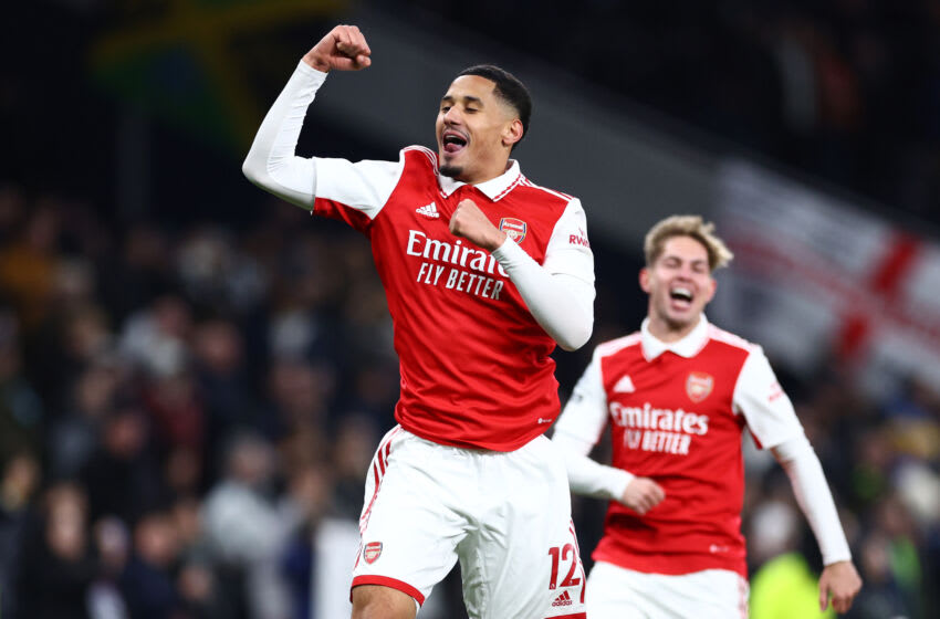 LONDON, ENGLAND - JANUARY 15: William Saliba of Arsenal celebrates after the team's victory during the Premier League match between Tottenham Hotspur and Arsenal FC at Tottenham Hotspur Stadium on January 15, 2023 in London, England. (Photo by Clive Rose/Getty Images)