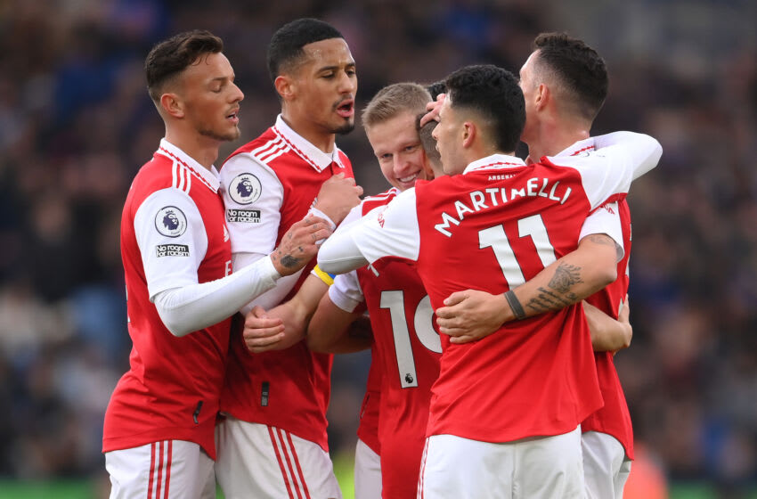 LEICESTER, ENGLAND - FEBRUARY 25: Leandro Trossard of Arsenal celebrates with team mate after scoring their sides goal which is later disallowed during the Premier League match between Leicester City and Arsenal FC at The King Power Stadium on February 25, 2023 in Leicester, England. (Photo by Laurence Griffiths/Getty Images)