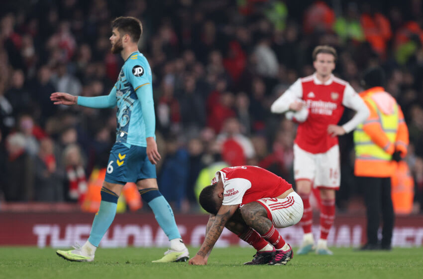 LONDON, ENGLAND - APRIL 21: Gabriel Jesus of Arsenal looks dejected after their draw in the Premier League match between Arsenal FC and Southampton FC at Emirates Stadium on April 21, 2023 in London, England. (Photo by Julian Finney/Getty Images)