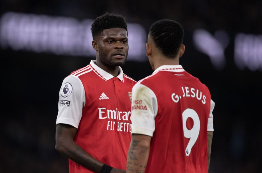 MANCHESTER, ENGLAND - APRIL 26: Thomas Partey of Arsenal talks to team mate Gabriel Jesus during the Premier League match between Manchester City and Arsenal FC at Etihad Stadium on April 26, 2023 in Manchester, United Kingdom. (Photo by Joe Prior/Visionhaus via Getty Images)