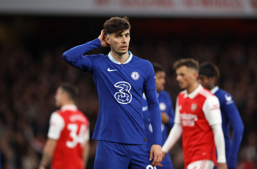 LONDON, ENGLAND - MAY 02: Kai Havertz of Chelsea reacts during the Premier League match between Arsenal FC and Chelsea FC at Emirates Stadium on May 02, 2023 in London, England. (Photo by Alex Pantling/Getty Images)