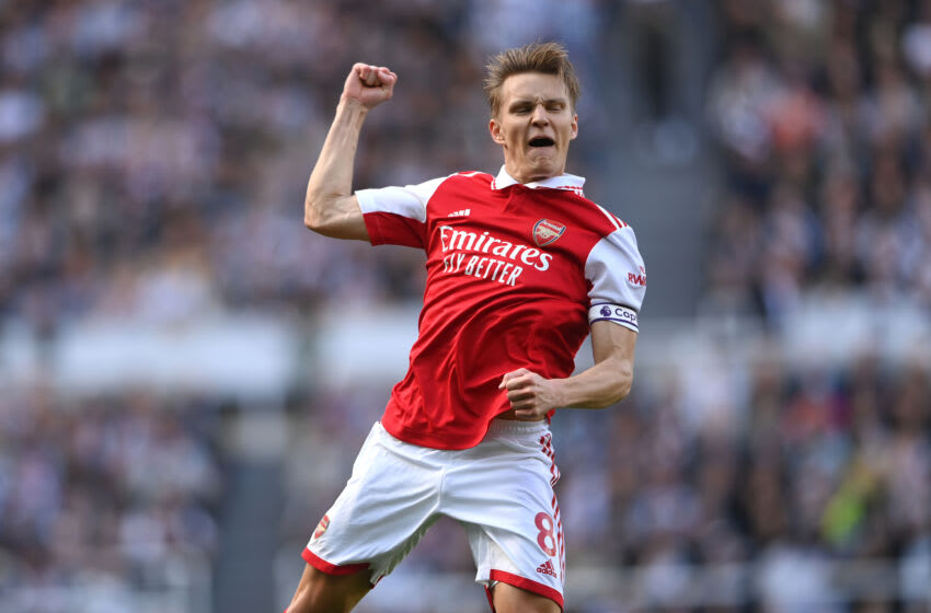 NEWCASTLE UPON TYNE, ENGLAND - MAY 07: Arsenal player Martin Odegaard celebrates after scoring the first Arsenal goal during the Premier League match between Newcastle United and Arsenal FC at St. James Park on May 07, 2023 in Newcastle upon Tyne, England. (Photo by Stu Forster/Getty Images)