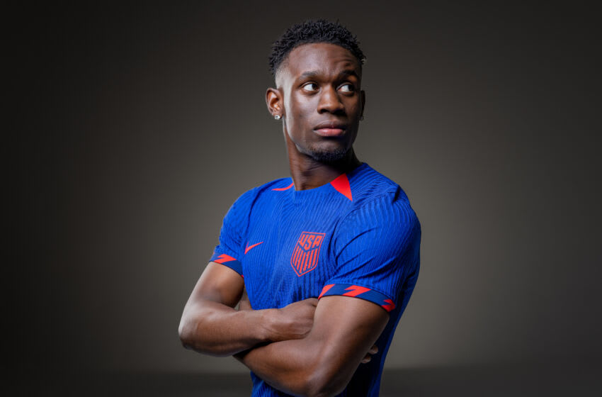 LONDON, ENGLAND - MAY 16: Folarin Balogun poses for a portrait in London, England. Balogun announced his commitment to represent the United States in international soccer competition. (Photo by USSF/Getty Images for USSF)