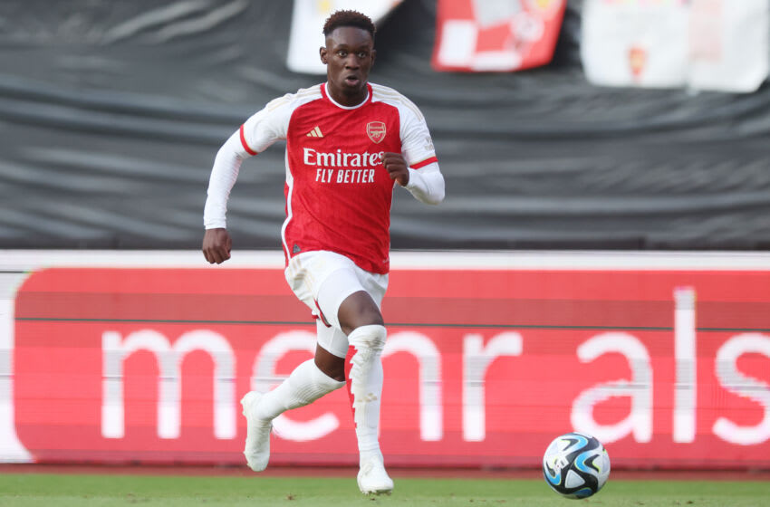 NUREMBERG, GERMANY - JULY 13: Folarin Balogun of Arsenal FC controls the ball during the pre-season friendly match between 1. FC Nürnberg and Arsenal FC at Max-Morlock Stadion on July 13, 2023 in Nuremberg, Germany. (Photo by Alex Grimm/Getty Images)