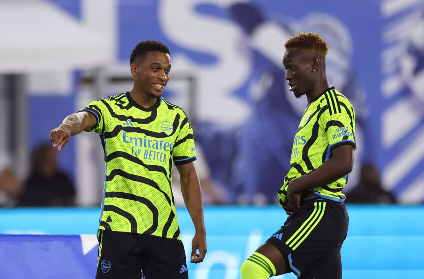 WASHINGTON, DC - JULY 18: Jurriën Timber #12 and Folarin Balogun #26 of Arsenal FC speak during the MLS All-Star Skills Challenge between Arsenal FC and MLS All-Stars at Audi Field on July 18, 2023 in Washington, DC. (Photo by Tim Nwachukwu/Getty Images)