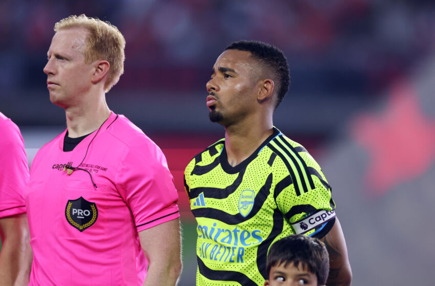 WASHINGTON, DC - JULY 19: Gabriel Jesus #9 of Arsenal FC lines up for the national anthems prior to the MLS All-Star Game between Arsenal FC and MLS All-Stars at Audi Field on July 19, 2023 in Washington, DC. (Photo by Tim Nwachukwu/Getty Images)