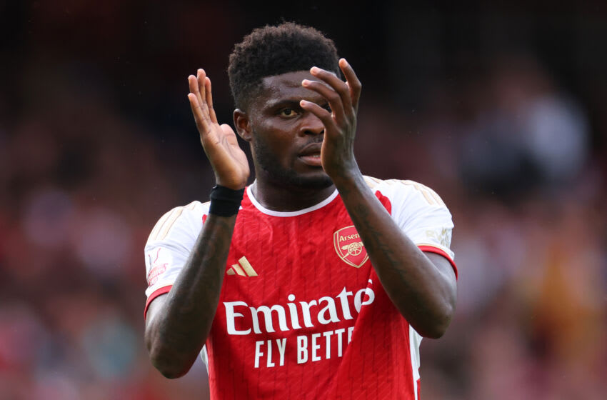 LONDON, ENGLAND - AUGUST 2: Thomas Partey of Arsenal applauds during the pre-season friendly match between Arsenal FC and AS Monaco at Emirates Stadium on August 2, 2023 in London, England. (Photo by Marc Atkins/Getty Images)