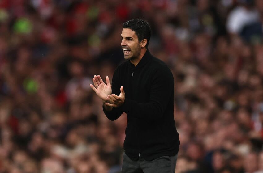 Arsenal's Spanish manager Mikel Arteta reacts during the English Premier League football match between Arsenal and Fulham at the Emirates Stadium in London on August 26, 2023. (Photo by HENRY NICHOLLS / AFP) / RESTRICTED TO EDITORIAL USE. No use with unauthorized audio, video, data, fixture lists, club/league logos or 'live' services. Online in-match use limited to 120 images. An additional 40 images may be used in extra time. No video emulation. Social media in-match use limited to 120 images. An additional 40 images may be used in extra time. No use in betting publications, games or single club/league/player publications. / (Photo by HENRY NICHOLLS/AFP via Getty Images)