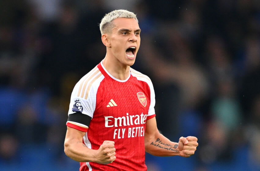 LIVERPOOL, ENGLAND - SEPTEMBER 17: Leandro Trossard of Arsenal celebrates after the team's victory in the Premier League match between Everton FC and Arsenal FC at Goodison Park on September 17, 2023 in Liverpool, England. (Photo by Michael Regan/Getty Images)