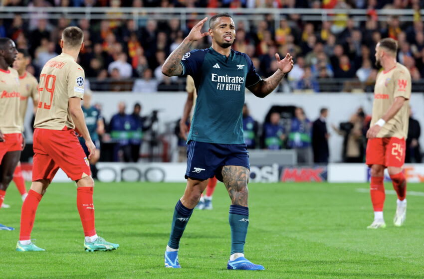 LENS, FRANCE - OCTOBER 03: Gabriel Jesus #9 of Arsenal FC celebrates is disappointed after the defeat during the UEFA Champions League match between RC Lens and Arsenal FC at Stade Bollaert-Delelis on October 03, 2023 in Lens, France. (Photo by Xavier Laine/Getty Images)