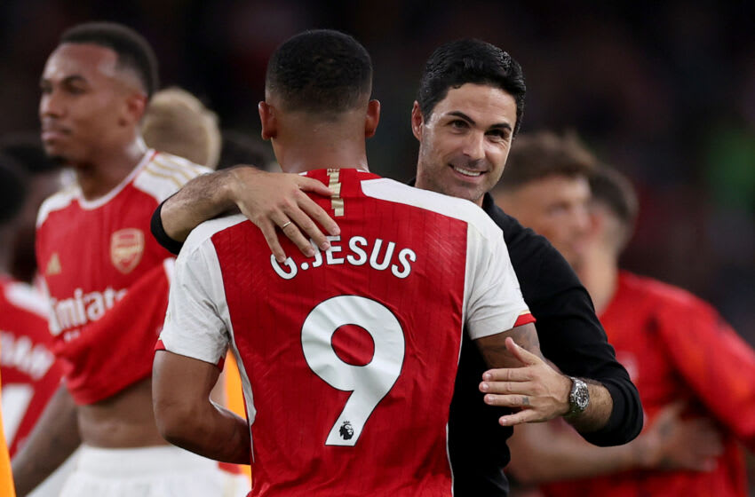 LONDON, ENGLAND - OCTOBER 08: Mikel Arteta, Manager of Arsenal, interacts with Gabriel Jesus of Arsenal following their sides victory in the Premier League match between Arsenal FC and Manchester City at Emirates Stadium on October 08, 2023 in London, England. (Photo by Ryan Pierse/Getty Images)