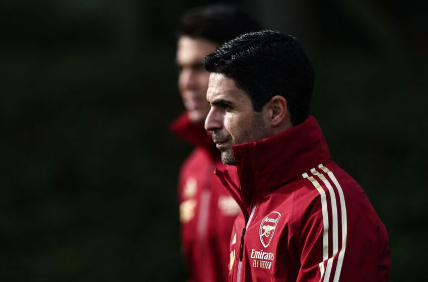 Arsenal's Spanish manager Mikel Arteta arrives to attend a team training session at Arsenal's training ground in north London on October 23, 2023, ahead of their UEFA Champions League Group B football match against Sevilla FC. (Photo by HENRY NICHOLLS / AFP) (Photo by HENRY NICHOLLS/AFP via Getty Images)