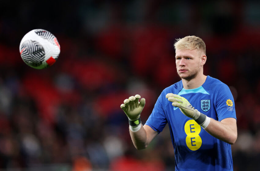 LONDON, ENGLAND - OCTOBER 17: Aaron Ramsdale of England warms up prior to the UEFA EURO 2024 European qualifier match between England and Italy at Wembley Stadium on October 17, 2023 in London, England. (Photo by Richard Heathcote/Getty Images)