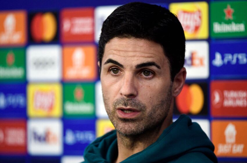 Arsenal's Spanish coach Mikel Arteta holds a press conference at the Ramon Sanchez Pizjuan stadium in Seville on October 23, 2023, on the eve of the UEFA Champions League 1st round day 3 Group B football match between Sevilla FC and Arsenal. (Photo by CRISTINA QUICLER / AFP) (Photo by CRISTINA QUICLER/AFP via Getty Images)