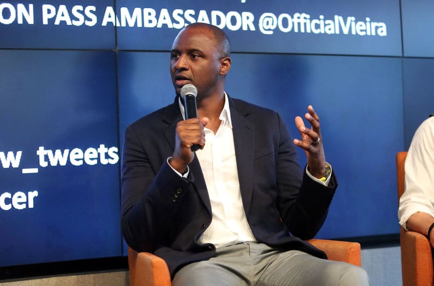 NEW YORK, NY - JUNE 22: Former professional football player and Western Union Pass Ambassador, Patrick Vieira, speaks at the Beyond Soccer Series Powered By streetfootballworld at Thomson Reuters Building on June 22, 2015 in New York City. (Photo by Monica Schipper/Getty Images for Beyond Soccer Series)