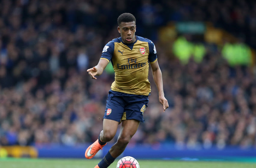 LIVERPOOL, ENGLAND - MARCH 19: Alex Iwobi of Arsenal during the Barclays Premier League match between Everton and Arsenal at Goodison Park on March 19, 2016 in Liverpool, England. (Photo by James Baylis - AMA/Getty Images)