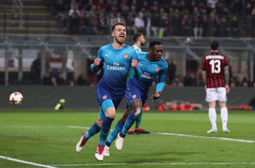 MILAN, ITALY - MARCH 08: Aaron Ramsey of Arsenal celebrates after scoring during the UEFA Europa League Round of 16 match between AC Milan and Arsenal at the San Siro on March 8, 2018 in Milan, Italy. (Photo by Catherine Ivill/Getty Images)
