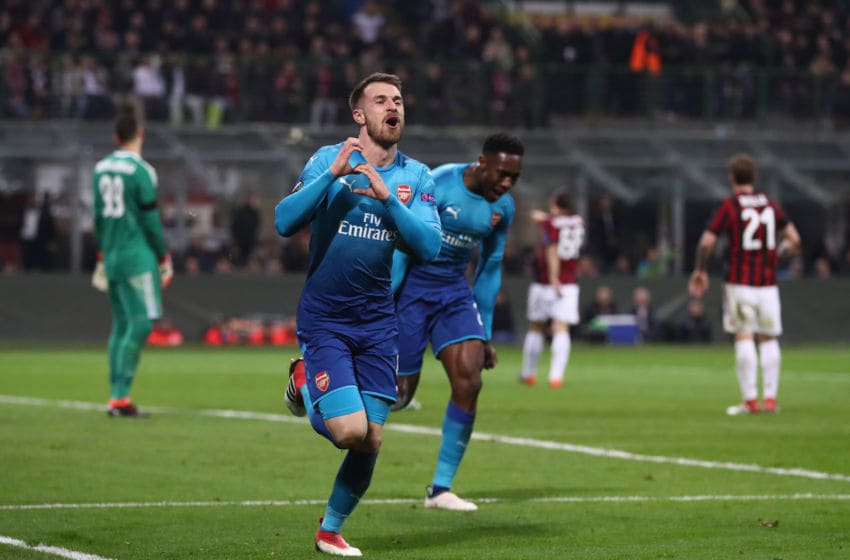 MILAN, ITALY - MARCH 08: Aaron Ramsey of Arsenal celebrates after scoring during the UEFA Europa League Round of 16 match between AC Milan and Arsenal at the San Siro on March 8, 2018 in Milan, Italy. (Photo by Catherine Ivill/Getty Images)