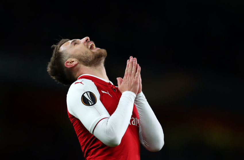 LONDON, ENGLAND - APRIL 05: Aaron Ramsey of Arsenal reacts during the UEFA Europa League quarter final leg one match between Arsenal FC and CSKA Moskva at Emirates Stadium on April 5, 2018 in London, United Kingdom. (Photo by Catherine Ivill/Getty Images)