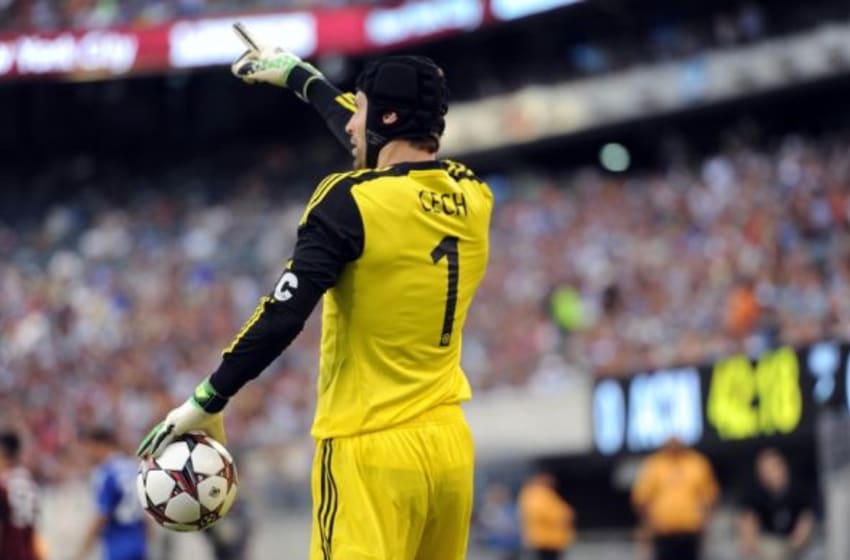 Aug 4, 2013; East Rutherford, NJ, USA; Chelsea goalkeeper Petr Cech (1) directs traffic against AC Milan during the second half at Metlife Stadium. Chelsea won the game 2-0. Mandatory Credit: Joe Camporeale-USA TODAY Sports